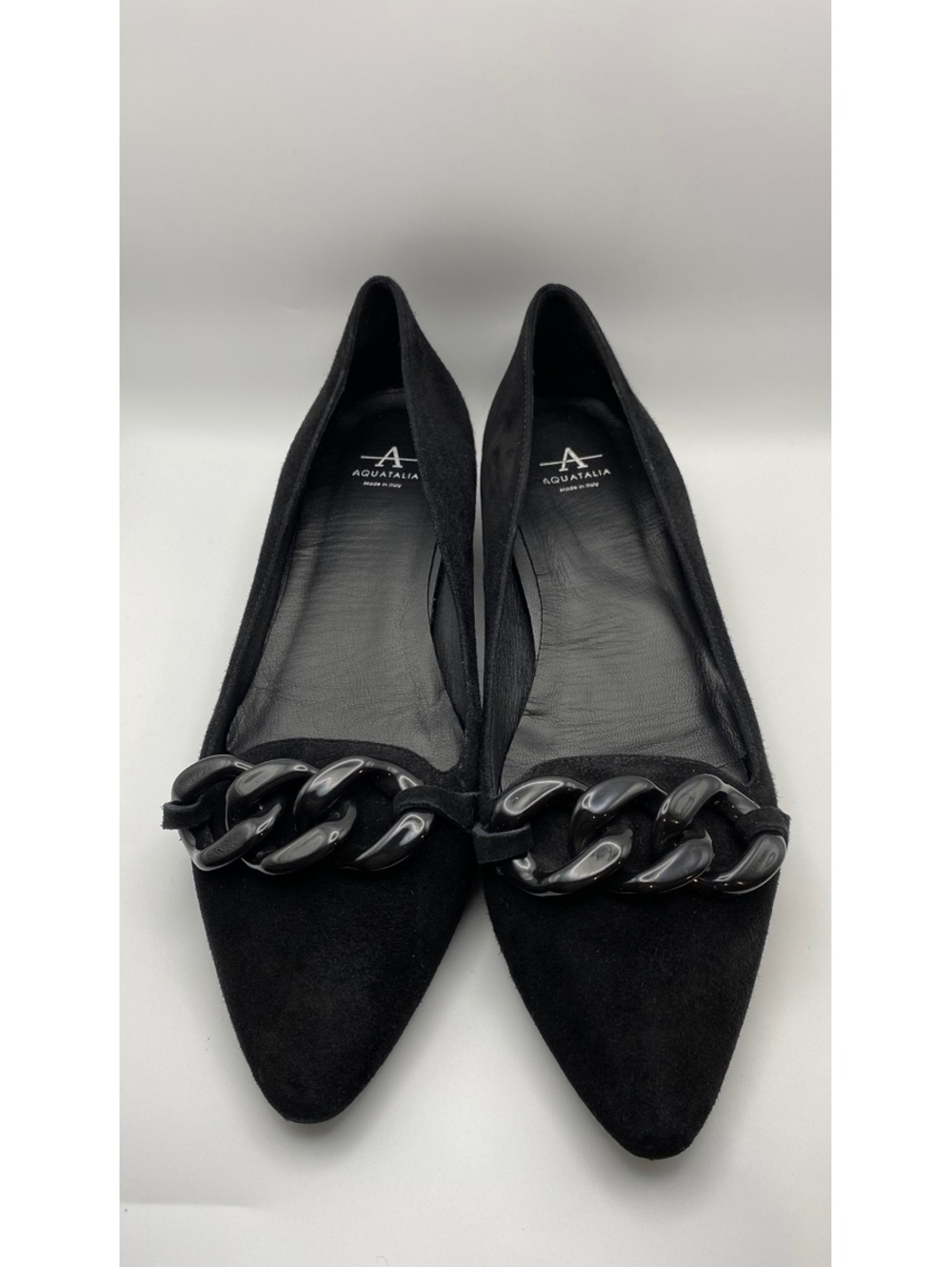 Aquatalia Women's Black Suede Flats with Chain Detail Size 9.5